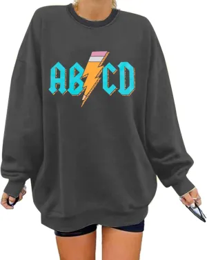 MAXIMGR Teacher Sweatshirt Women Oversized Rock'n Roll Sweatshirt ABCD Alphabet Graphic Back to School Pullover Top