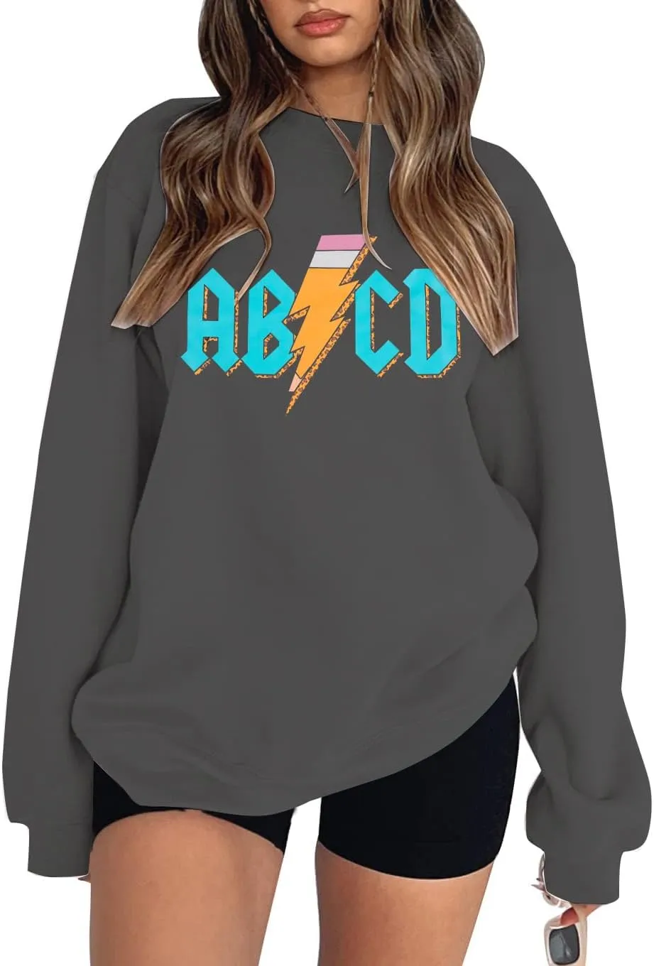 MAXIMGR Teacher Sweatshirt Women Oversized Rock'n Roll Sweatshirt ABCD Alphabet Graphic Back to School Pullover Top