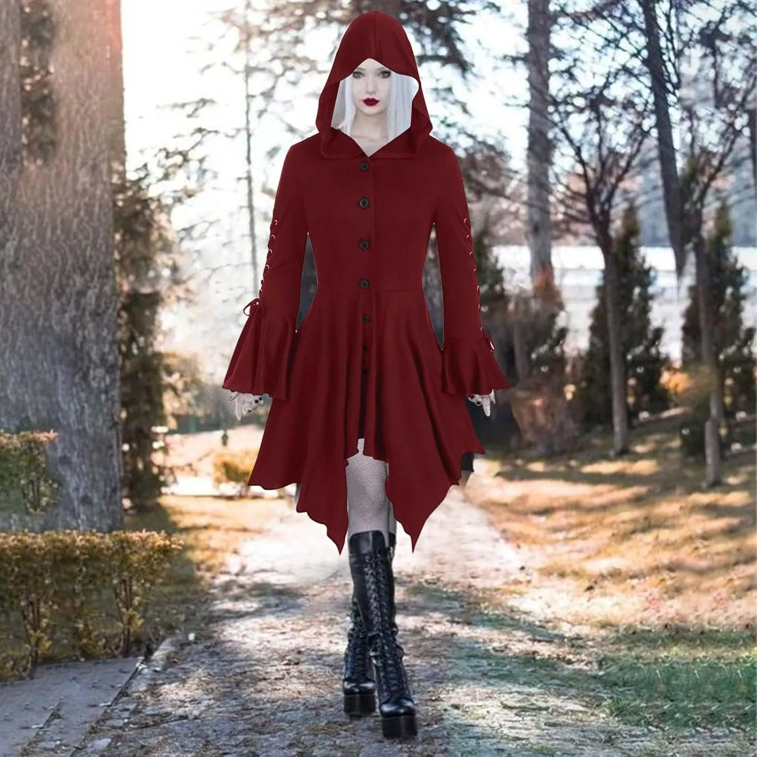 Medieval Hooded Dress for Women Gothic Medieval Cloak Vintage Witch Costume for Halloween Steampunk High Low Dresses