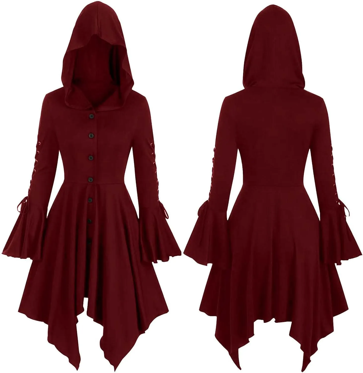 Medieval Hooded Dress for Women Gothic Medieval Cloak Vintage Witch Costume for Halloween Steampunk High Low Dresses