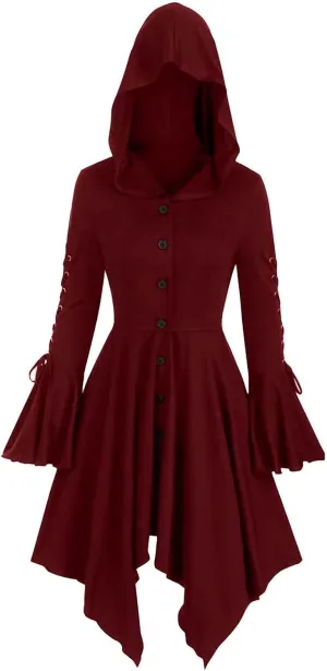Medieval Hooded Dress for Women Gothic Medieval Cloak Vintage Witch Costume for Halloween Steampunk High Low Dresses