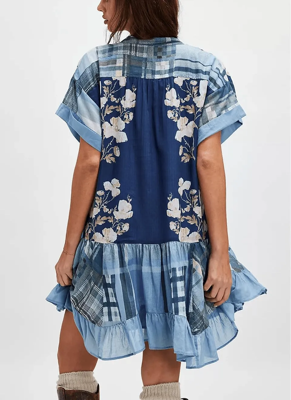 Melliflo Women's Floral Print Bohemian Mini Dress V-Neck Short Sleeve Ruffle Hem Y2k Summer Casual Beach Dress