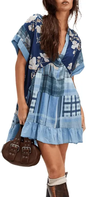 Melliflo Women's Floral Print Bohemian Mini Dress V-Neck Short Sleeve Ruffle Hem Y2k Summer Casual Beach Dress