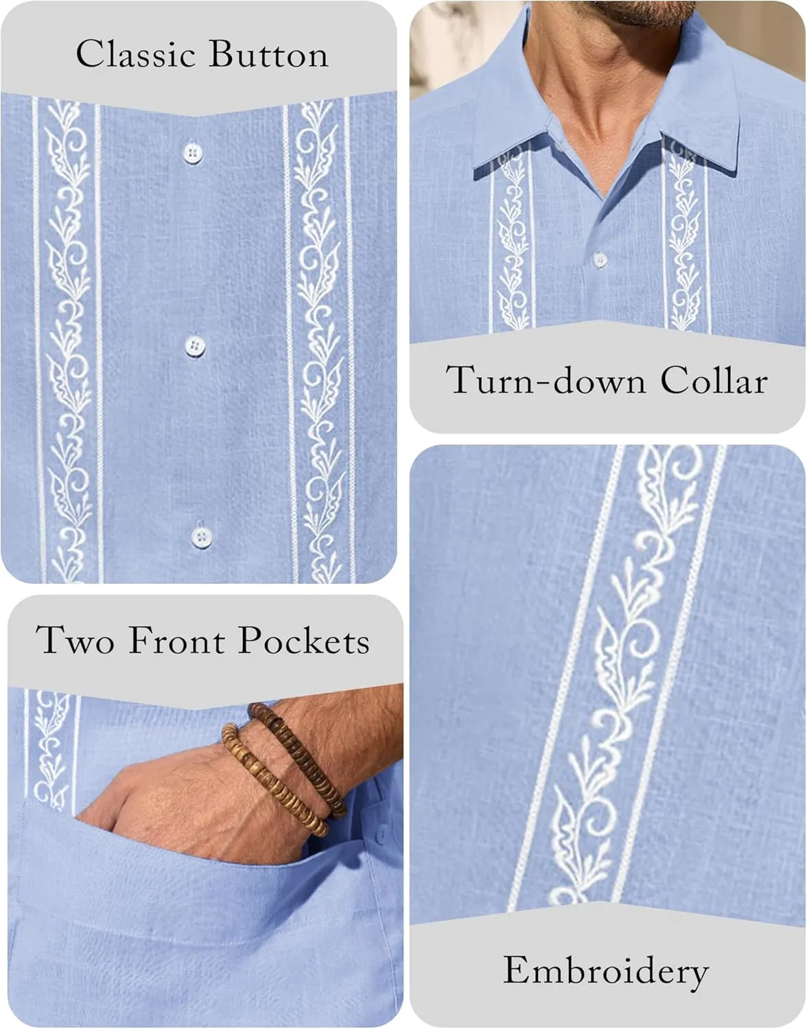 Mens Cuban Guayabera Shirts Cotton Linen Short Sleeve Shirt Casual Hippie Beach Button Down Pocket Shirt
