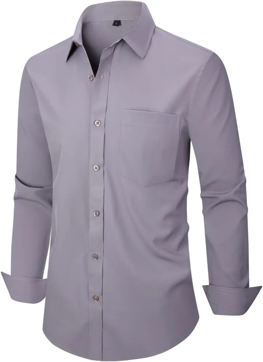 Men's Dress Shirts Long Sleeve Button Down Shirt Business Formal Stretch Shirt Regular Fit with Pockets