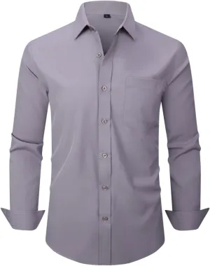 Men's Dress Shirts Long Sleeve Button Down Shirt Business Formal Stretch Shirt Regular Fit with Pockets