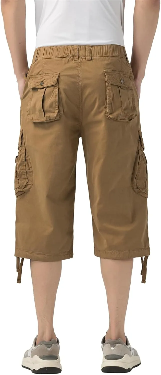 Mens Long Cargo Shorts Below Knee 3/4 Stretch Twill Cotton Relaxed Fit Elastic Waist Cargo Shorts for Men