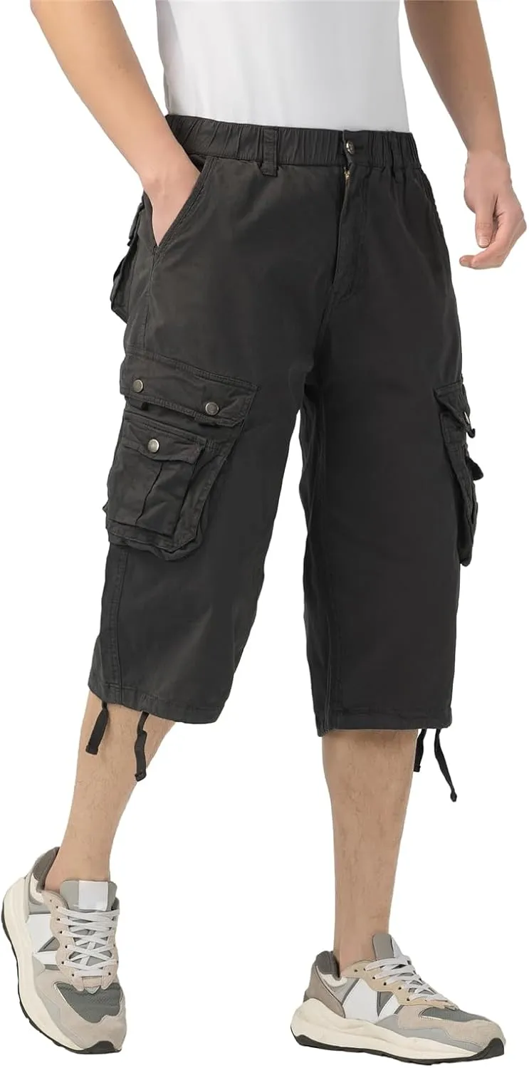 Mens Long Cargo Shorts Below Knee 3/4 Stretch Twill Cotton Relaxed Fit Elastic Waist Cargo Shorts for Men