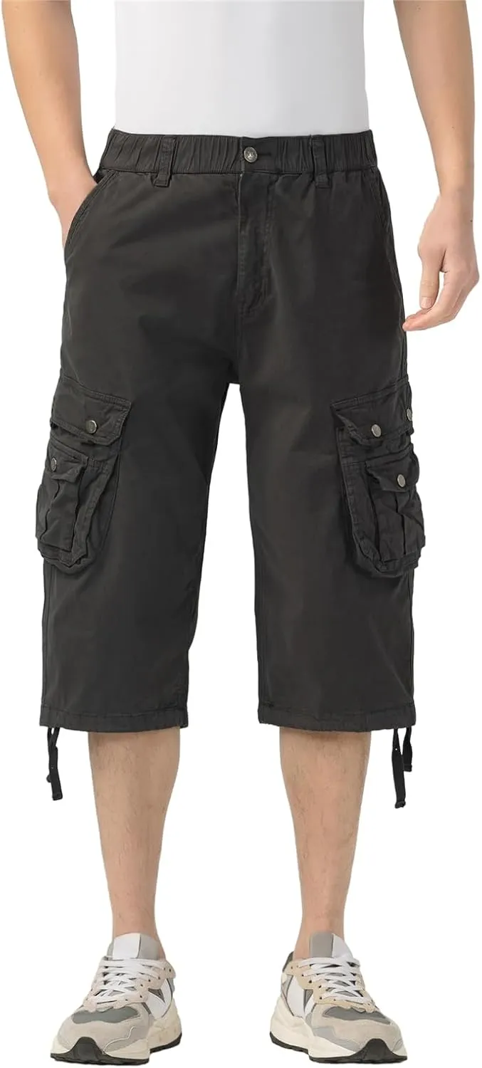 Mens Long Cargo Shorts Below Knee 3/4 Stretch Twill Cotton Relaxed Fit Elastic Waist Cargo Shorts for Men