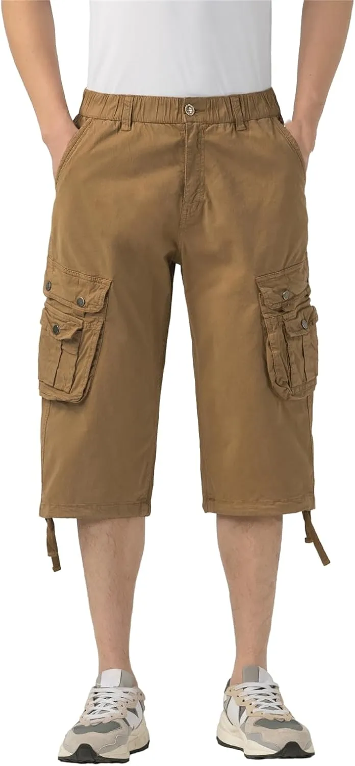 Mens Long Cargo Shorts Below Knee 3/4 Stretch Twill Cotton Relaxed Fit Elastic Waist Cargo Shorts for Men