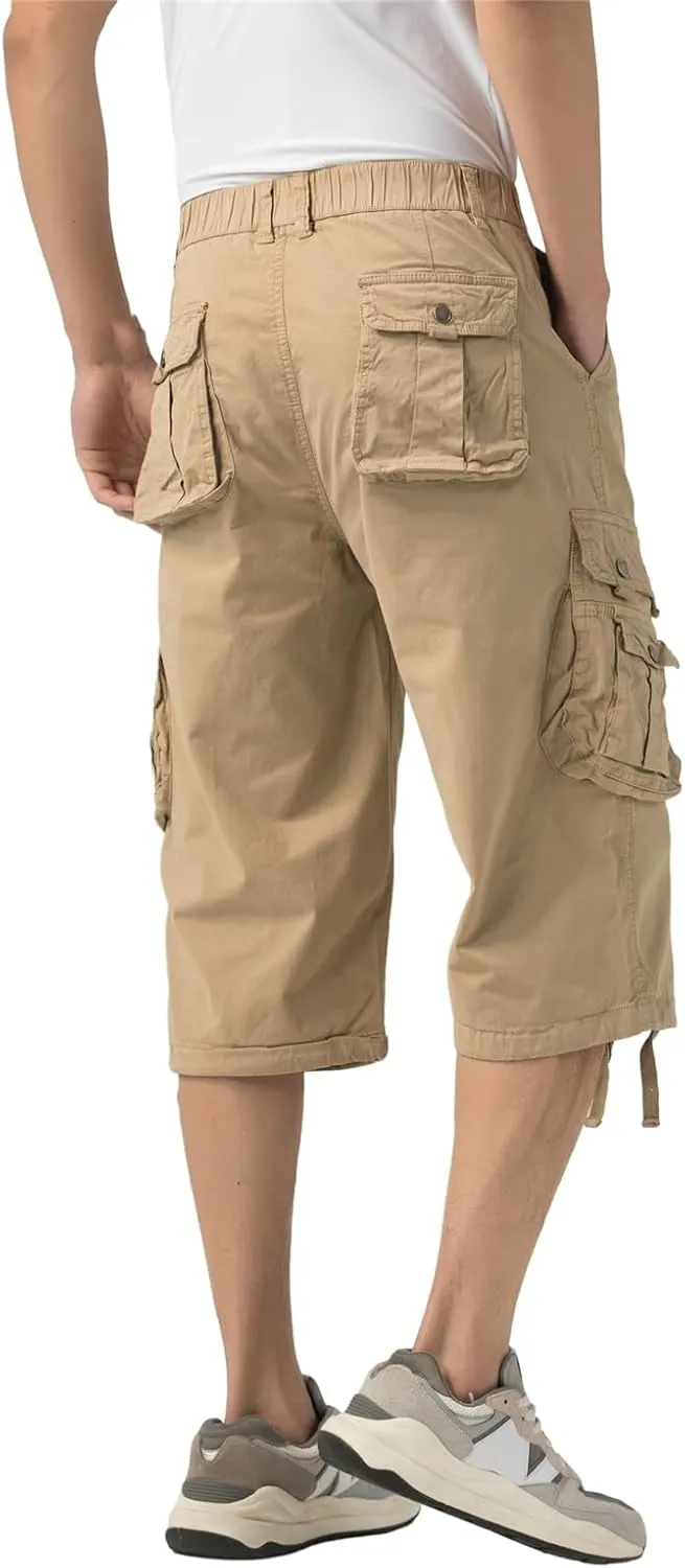 Mens Long Cargo Shorts Below Knee 3/4 Stretch Twill Cotton Relaxed Fit Elastic Waist Cargo Shorts for Men