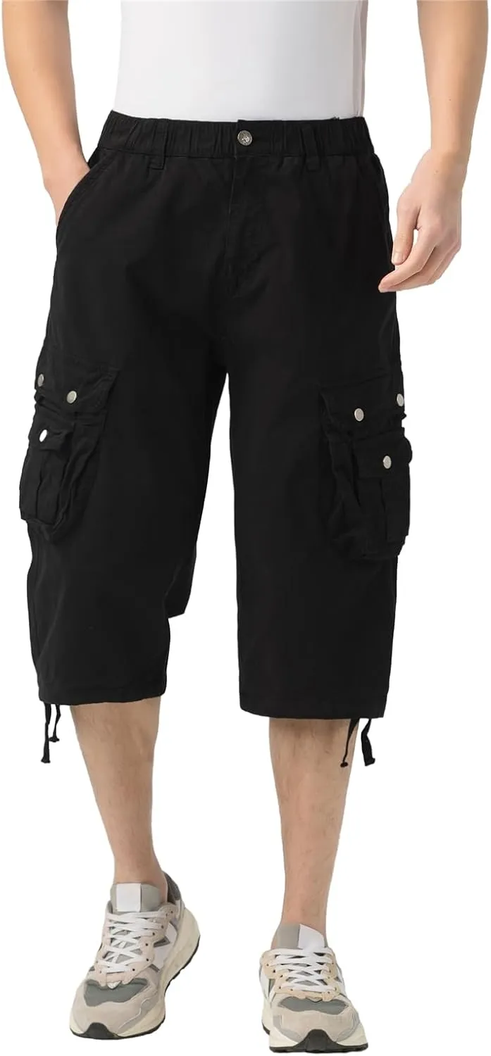 Mens Long Cargo Shorts Below Knee 3/4 Stretch Twill Cotton Relaxed Fit Elastic Waist Cargo Shorts for Men