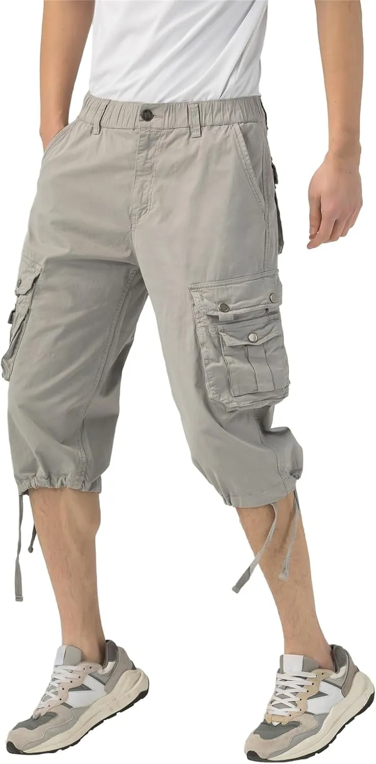 Mens Long Cargo Shorts Below Knee 3/4 Stretch Twill Cotton Relaxed Fit Elastic Waist Cargo Shorts for Men