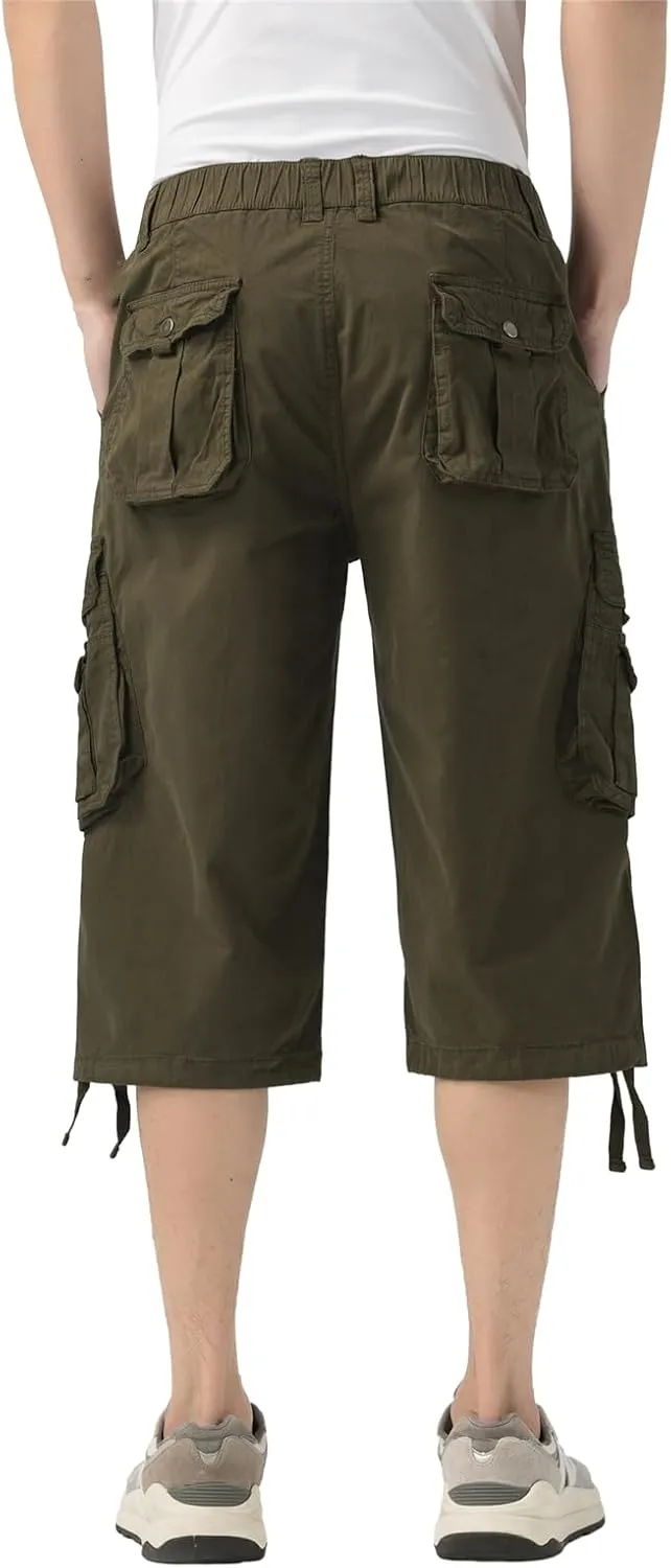 Mens Long Cargo Shorts Below Knee 3/4 Stretch Twill Cotton Relaxed Fit Elastic Waist Cargo Shorts for Men