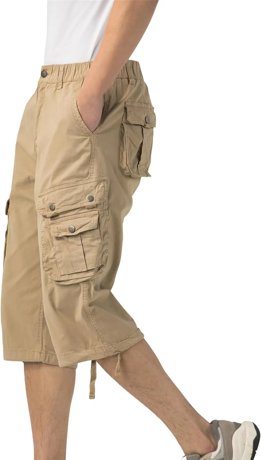 Mens Long Cargo Shorts Below Knee 3/4 Stretch Twill Cotton Relaxed Fit Elastic Waist Cargo Shorts for Men
