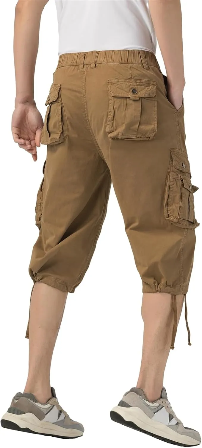 Mens Long Cargo Shorts Below Knee 3/4 Stretch Twill Cotton Relaxed Fit Elastic Waist Cargo Shorts for Men