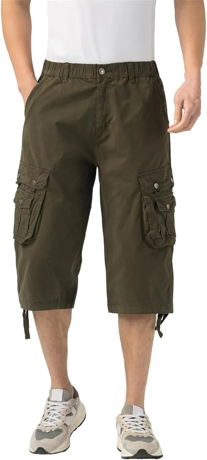 Mens Long Cargo Shorts Below Knee 3/4 Stretch Twill Cotton Relaxed Fit Elastic Waist Cargo Shorts for Men