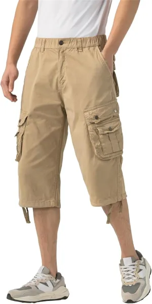 Mens Long Cargo Shorts Below Knee 3/4 Stretch Twill Cotton Relaxed Fit Elastic Waist Cargo Shorts for Men