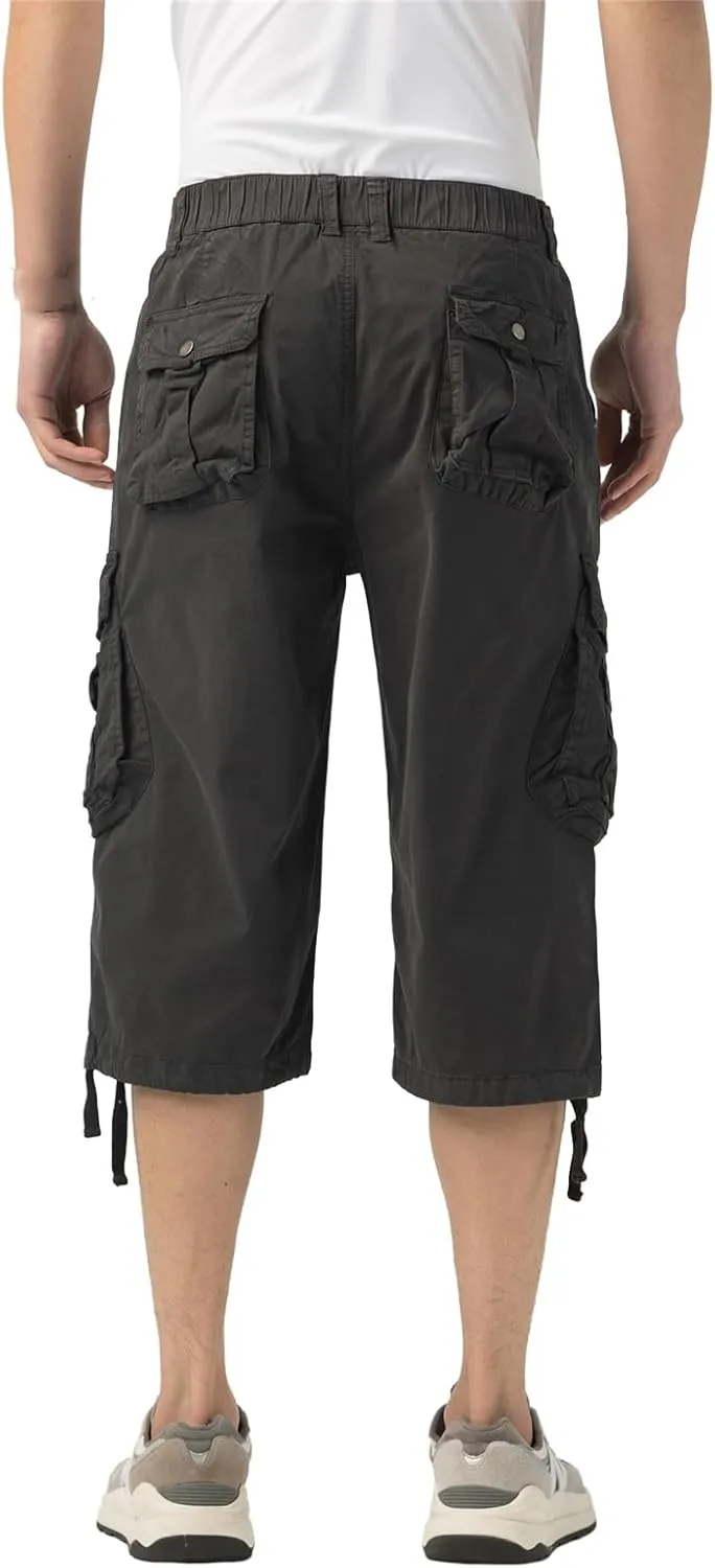 Mens Long Cargo Shorts Below Knee 3/4 Stretch Twill Cotton Relaxed Fit Elastic Waist Cargo Shorts for Men