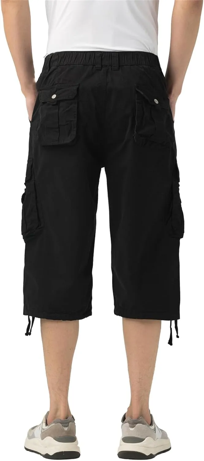 Mens Long Cargo Shorts Below Knee 3/4 Stretch Twill Cotton Relaxed Fit Elastic Waist Cargo Shorts for Men