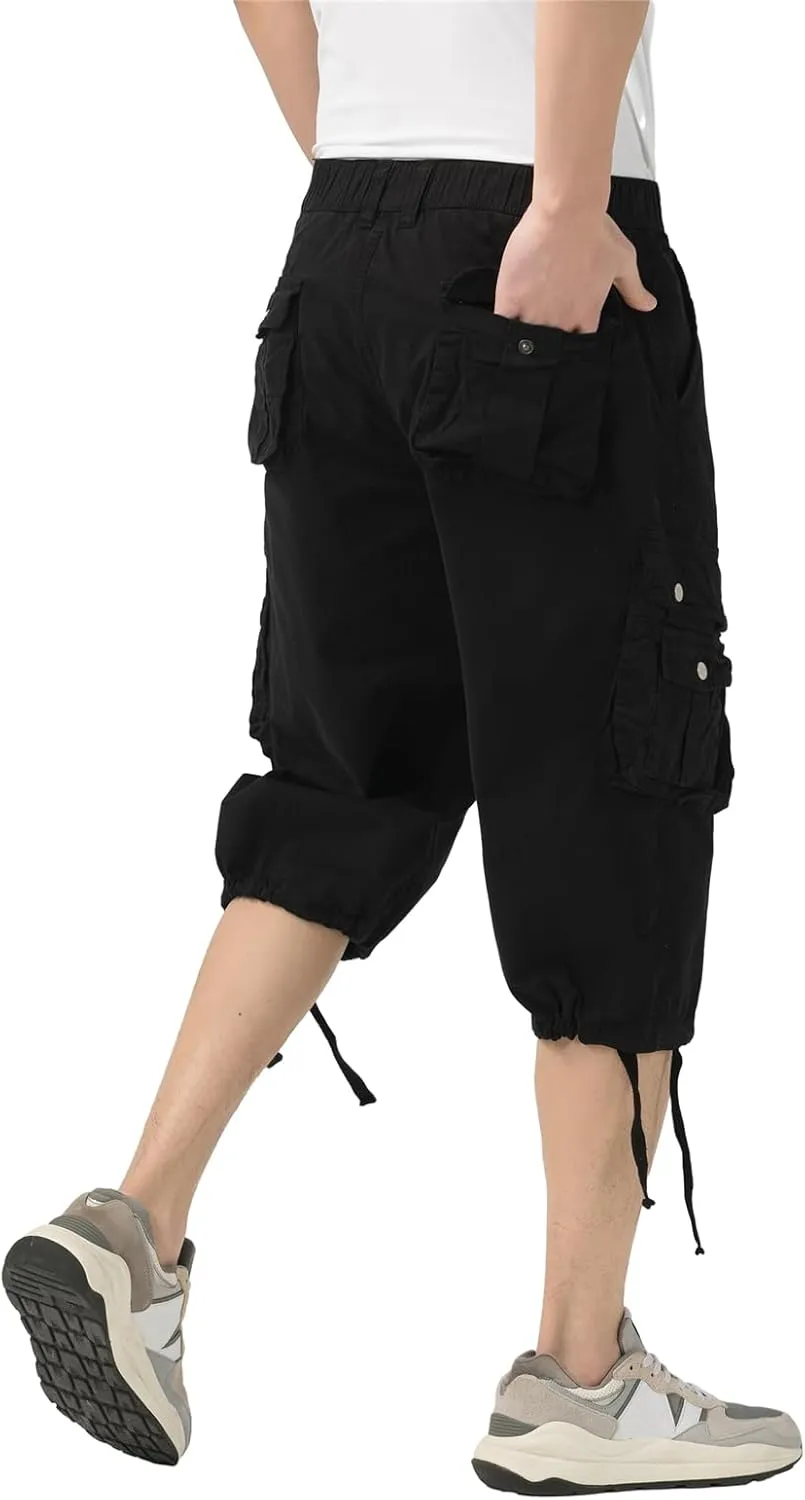 Mens Long Cargo Shorts Below Knee 3/4 Stretch Twill Cotton Relaxed Fit Elastic Waist Cargo Shorts for Men