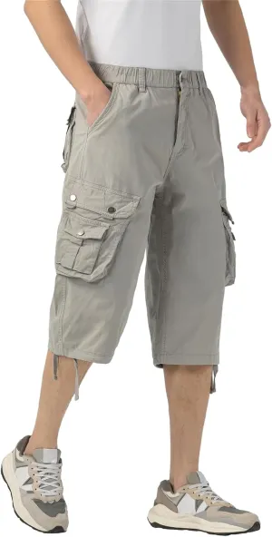 Mens Long Cargo Shorts Below Knee 3/4 Stretch Twill Cotton Relaxed Fit Elastic Waist Cargo Shorts for Men