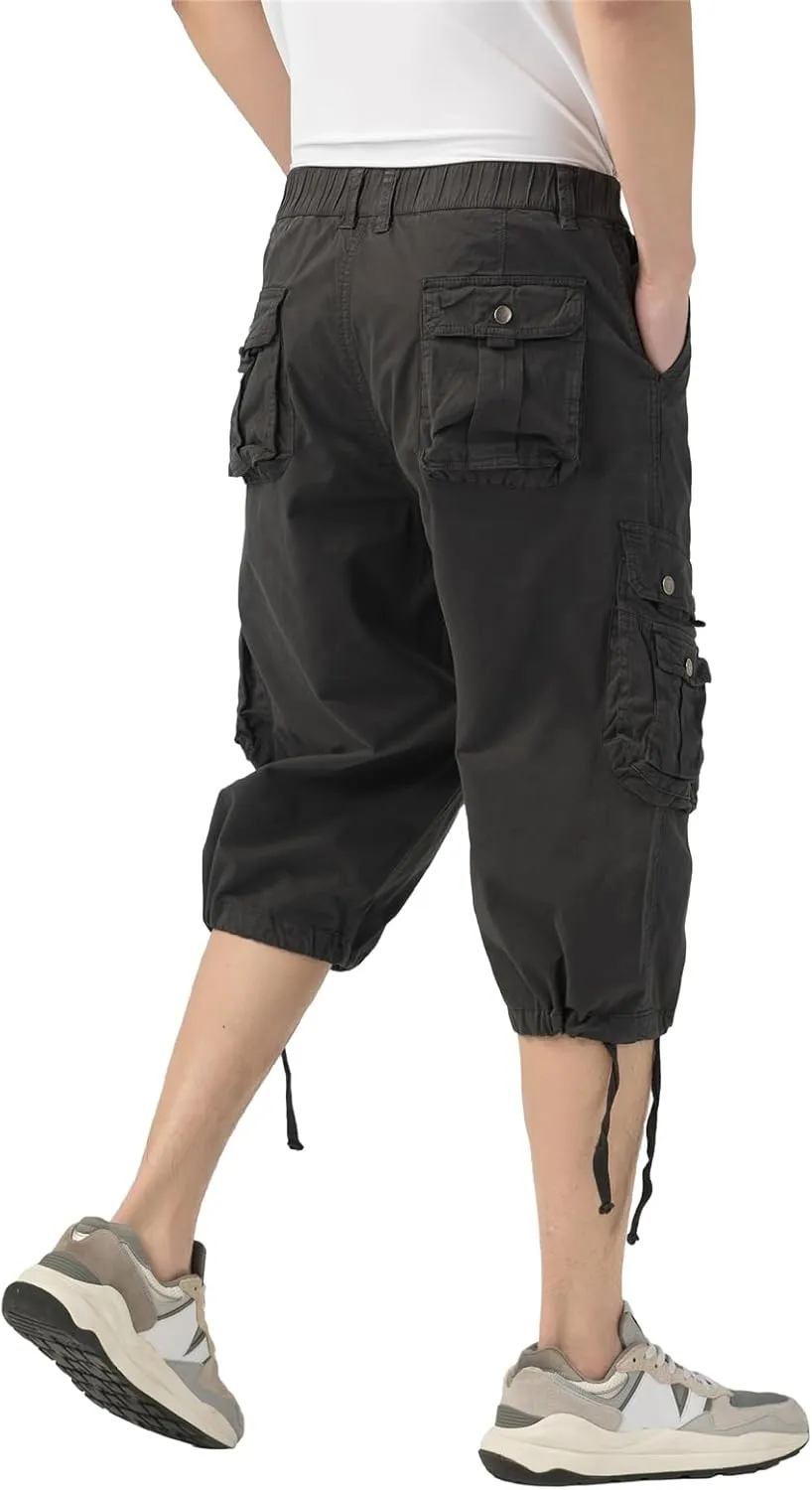 Mens Long Cargo Shorts Below Knee 3/4 Stretch Twill Cotton Relaxed Fit Elastic Waist Cargo Shorts for Men