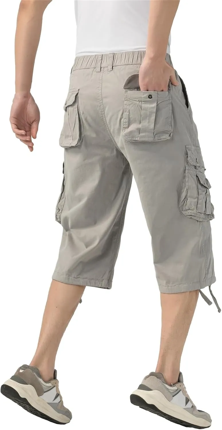 Mens Long Cargo Shorts Below Knee 3/4 Stretch Twill Cotton Relaxed Fit Elastic Waist Cargo Shorts for Men