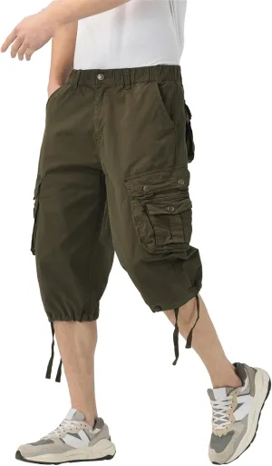 Mens Long Cargo Shorts Below Knee 3/4 Stretch Twill Cotton Relaxed Fit Elastic Waist Cargo Shorts for Men