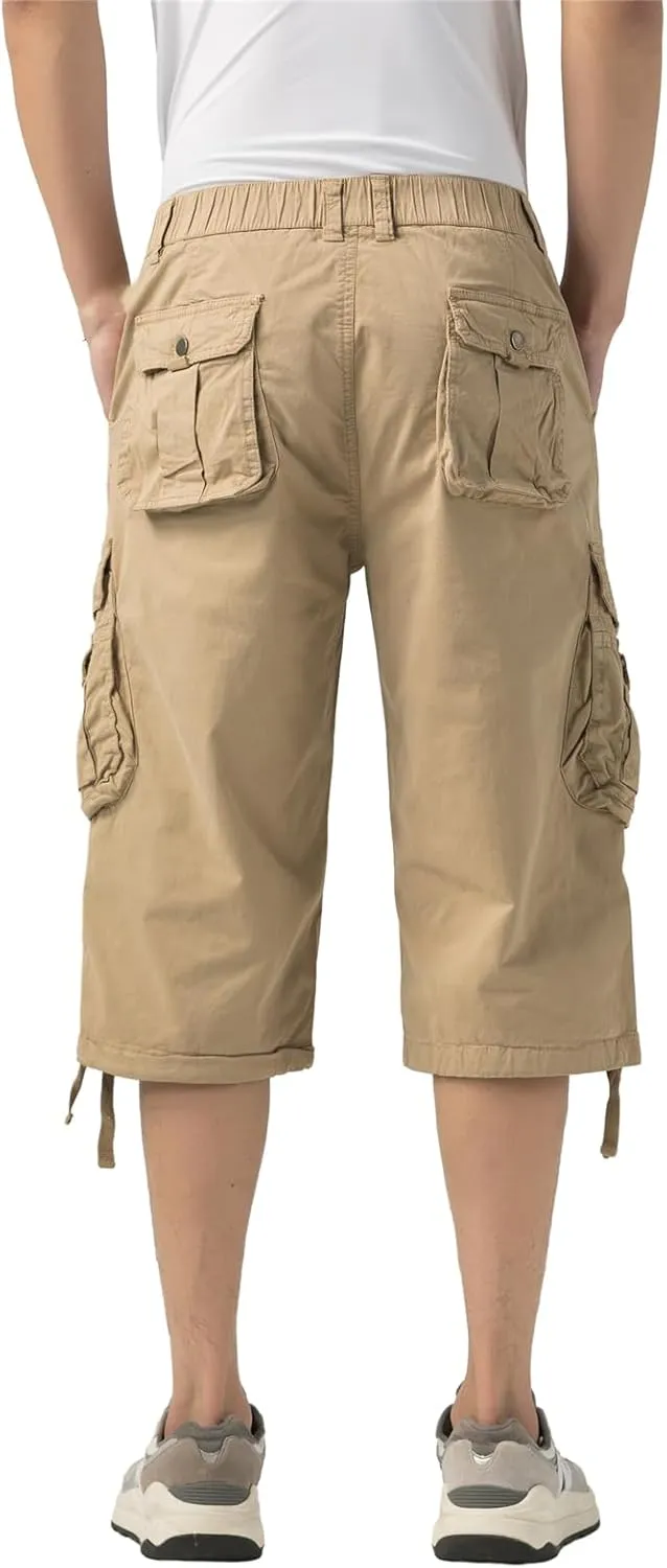 Mens Long Cargo Shorts Below Knee 3/4 Stretch Twill Cotton Relaxed Fit Elastic Waist Cargo Shorts for Men
