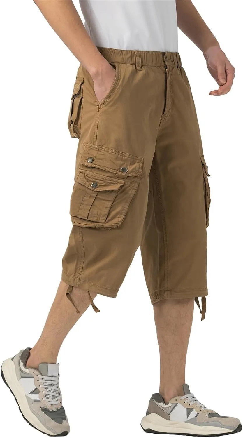 Mens Long Cargo Shorts Below Knee 3/4 Stretch Twill Cotton Relaxed Fit Elastic Waist Cargo Shorts for Men