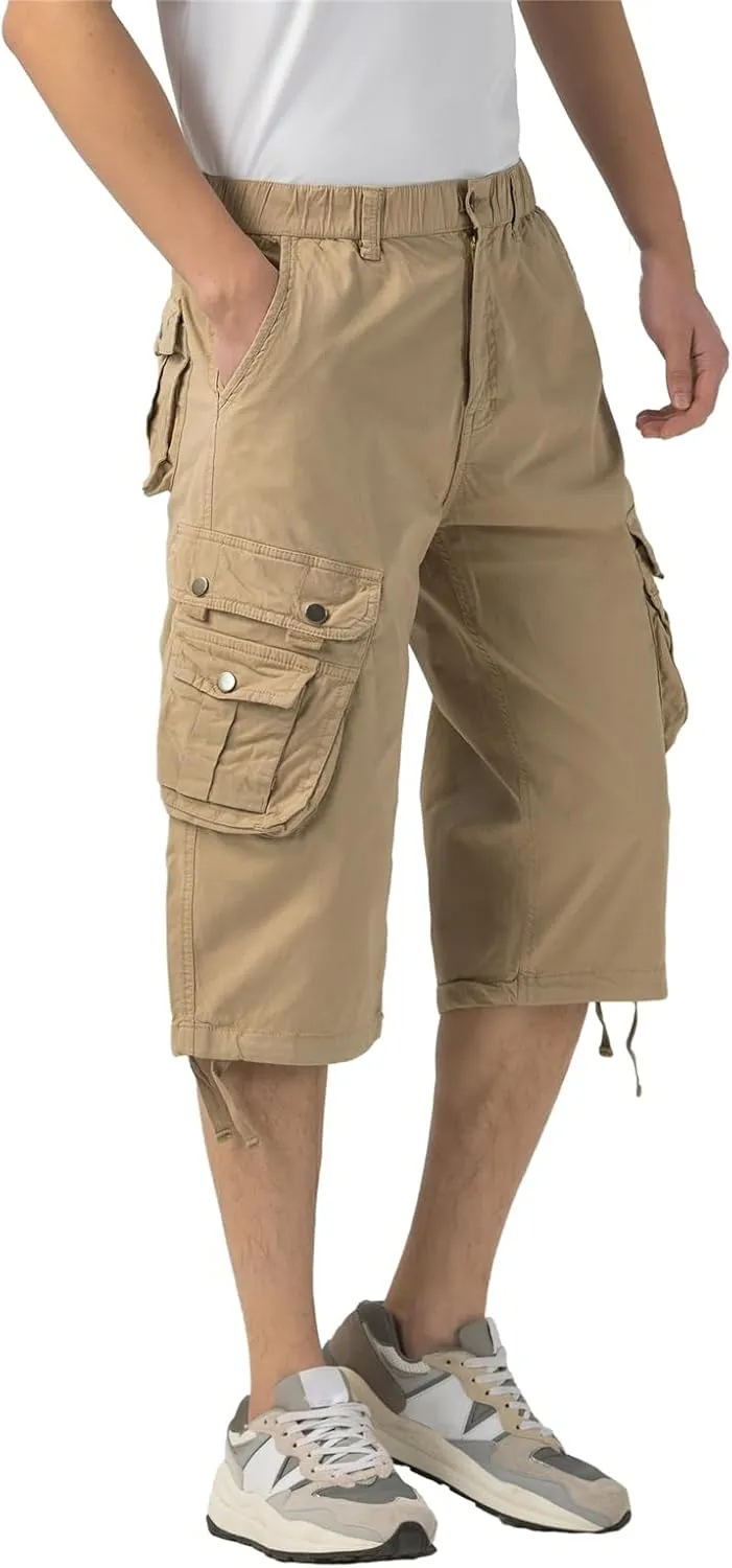 Mens Long Cargo Shorts Below Knee 3/4 Stretch Twill Cotton Relaxed Fit Elastic Waist Cargo Shorts for Men