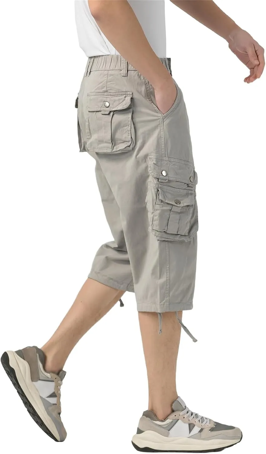 Mens Long Cargo Shorts Below Knee 3/4 Stretch Twill Cotton Relaxed Fit Elastic Waist Cargo Shorts for Men