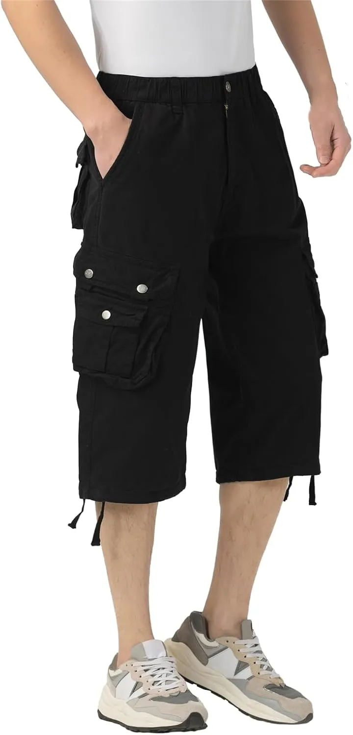 Mens Long Cargo Shorts Below Knee 3/4 Stretch Twill Cotton Relaxed Fit Elastic Waist Cargo Shorts for Men