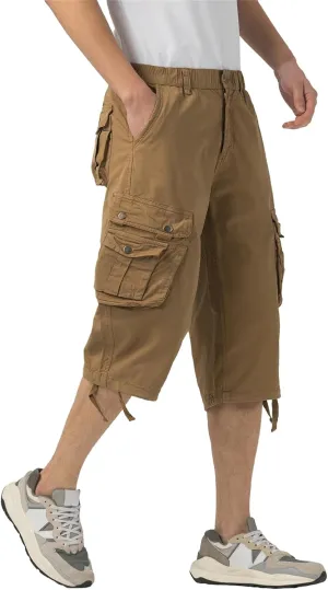 Mens Long Cargo Shorts Below Knee 3/4 Stretch Twill Cotton Relaxed Fit Elastic Waist Cargo Shorts for Men