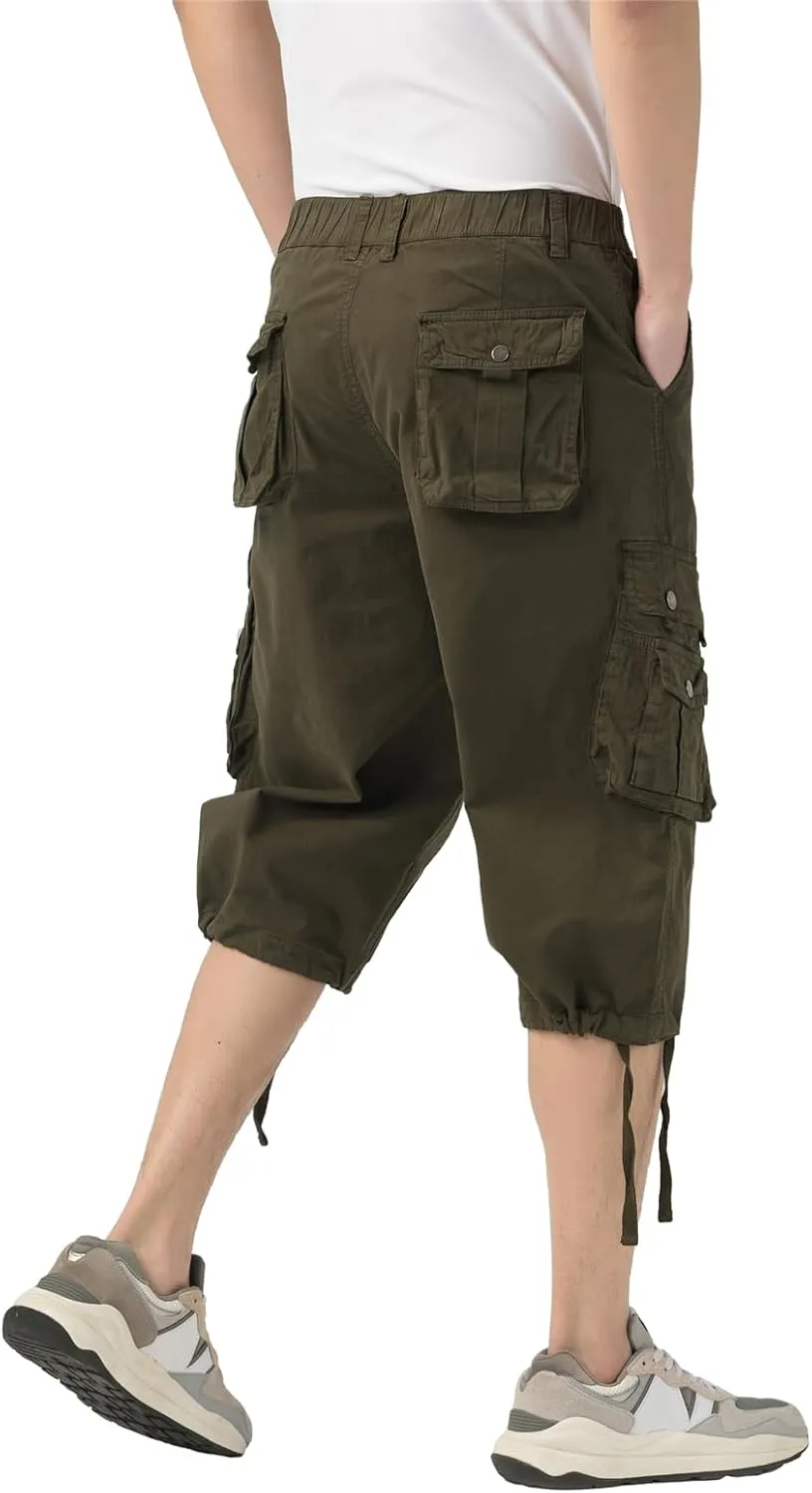 Mens Long Cargo Shorts Below Knee 3/4 Stretch Twill Cotton Relaxed Fit Elastic Waist Cargo Shorts for Men