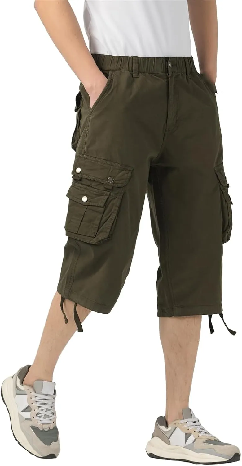 Mens Long Cargo Shorts Below Knee 3/4 Stretch Twill Cotton Relaxed Fit Elastic Waist Cargo Shorts for Men