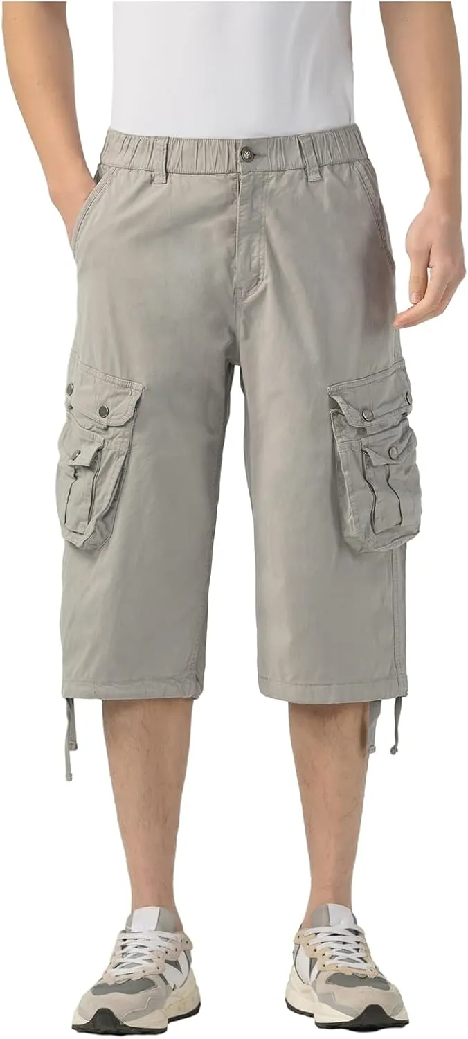 Mens Long Cargo Shorts Below Knee 3/4 Stretch Twill Cotton Relaxed Fit Elastic Waist Cargo Shorts for Men