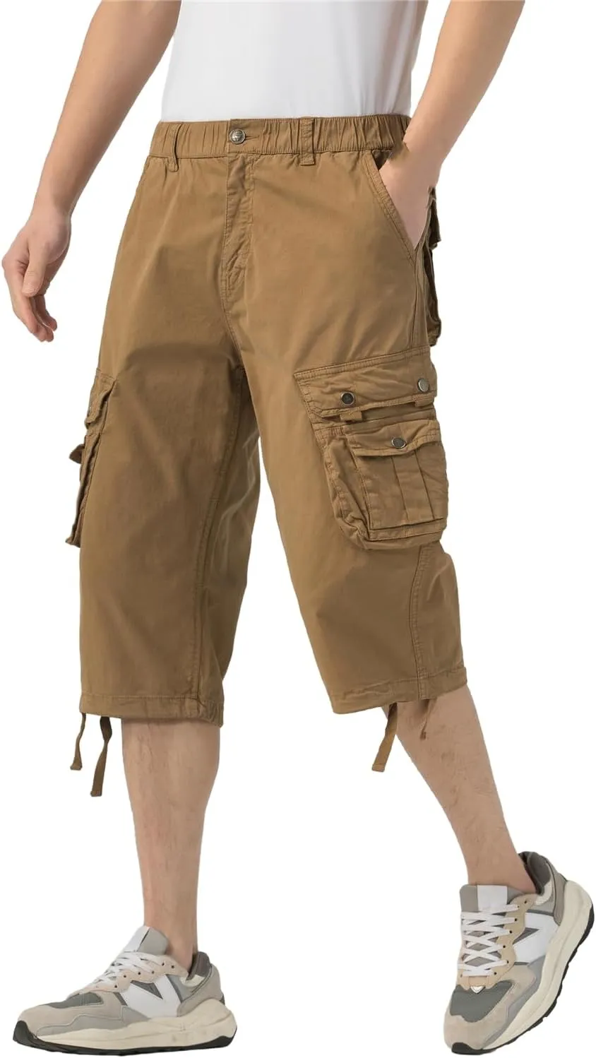 Mens Long Cargo Shorts Below Knee 3/4 Stretch Twill Cotton Relaxed Fit Elastic Waist Cargo Shorts for Men