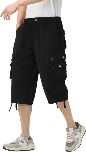 Mens Long Cargo Shorts Below Knee 3/4 Stretch Twill Cotton Relaxed Fit Elastic Waist Cargo Shorts for Men