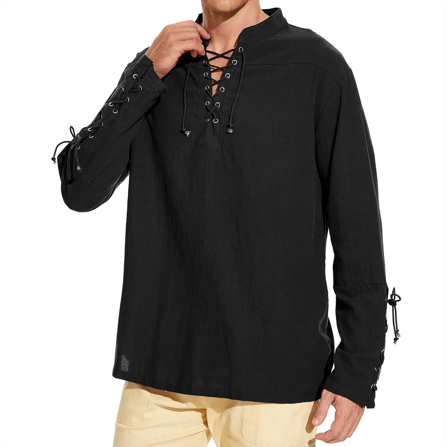 Men's Pirate Shirt Medieval Renaissance Steampunk Retro Long Sleeve Lace up T Shirt Viking Gothic Halloween Costume Top