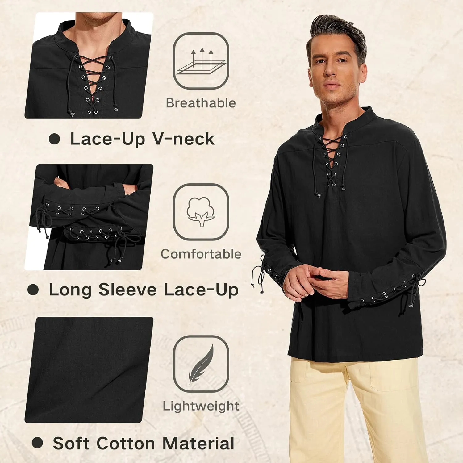 Men's Pirate Shirt Medieval Renaissance Steampunk Retro Long Sleeve Lace up T Shirt Viking Gothic Halloween Costume Top