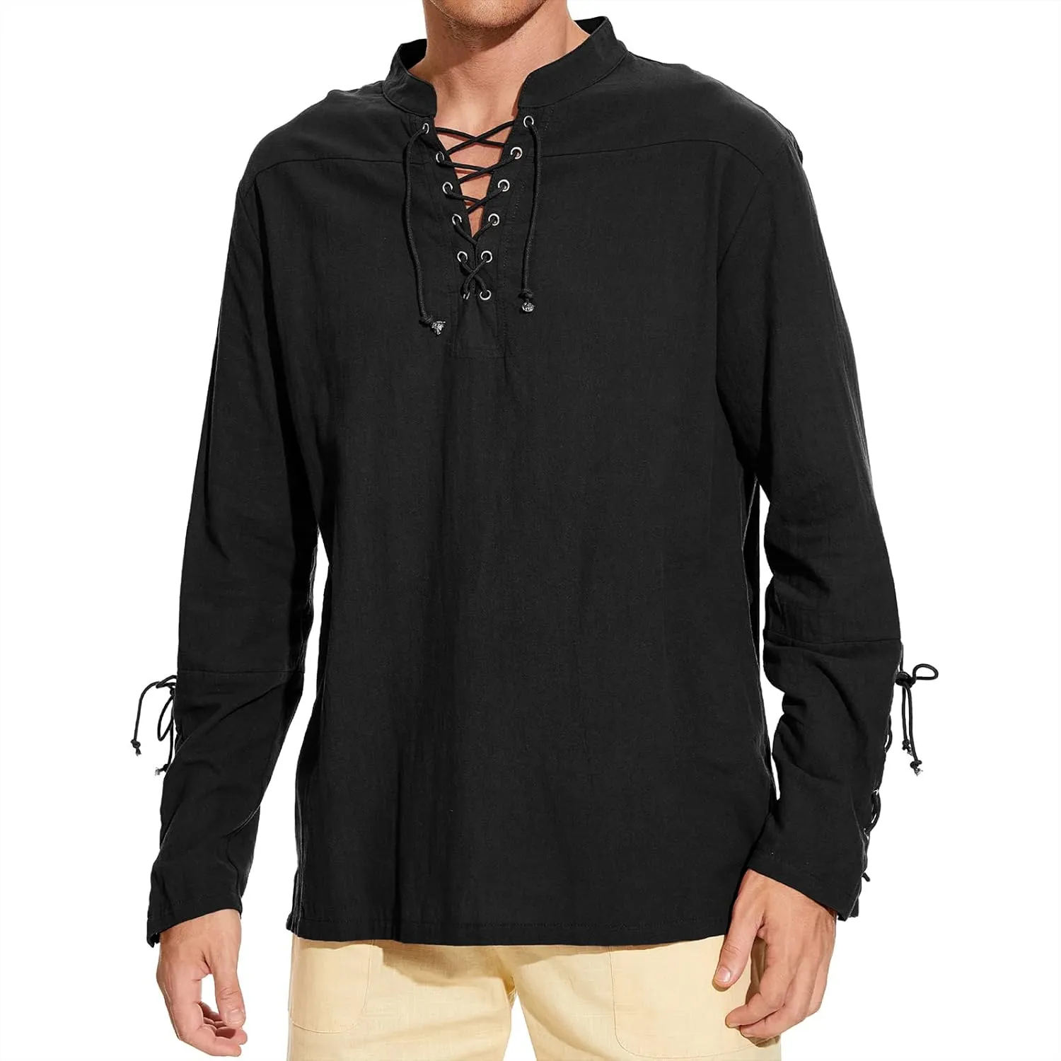 Men's Pirate Shirt Medieval Renaissance Steampunk Retro Long Sleeve Lace up T Shirt Viking Gothic Halloween Costume Top
