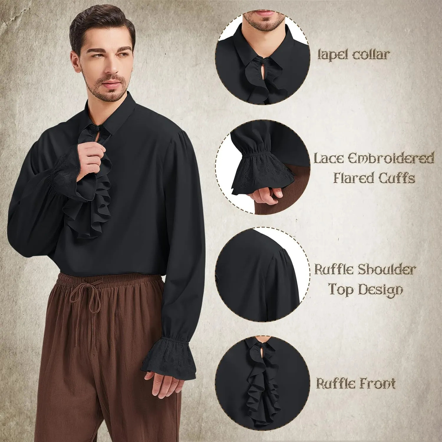 Men's Pirate Shirt Vampire Renaissance Victorian Gothic Ruffle Shirt Medieval Halloween Costume Tops
