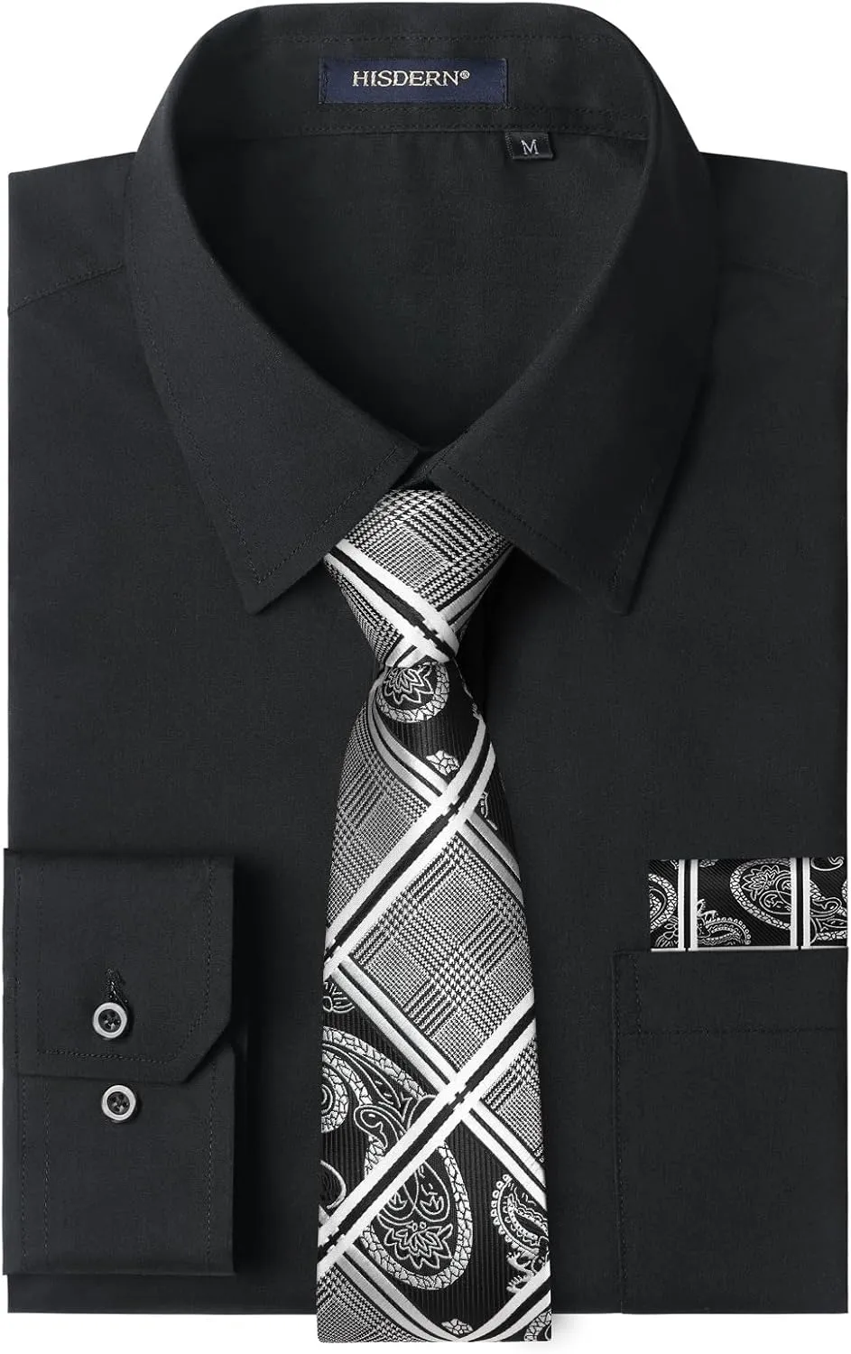 Men's Solid Long Sleeve Dress Shirt with Matching Tie and Handkerchief Set Classic Button Down Formal Business Shirts