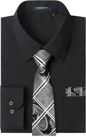 Men's Solid Long Sleeve Dress Shirt with Matching Tie and Handkerchief Set Classic Button Down Formal Business Shirts
