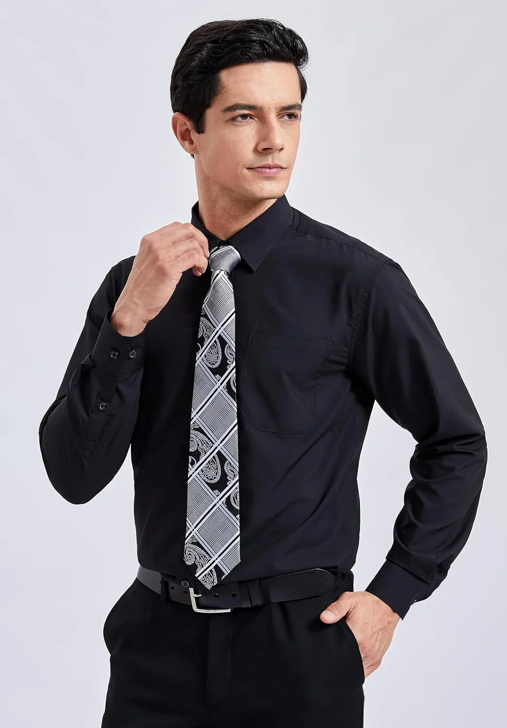 Men's Solid Long Sleeve Dress Shirt with Matching Tie and Handkerchief Set Classic Button Down Formal Business Shirts