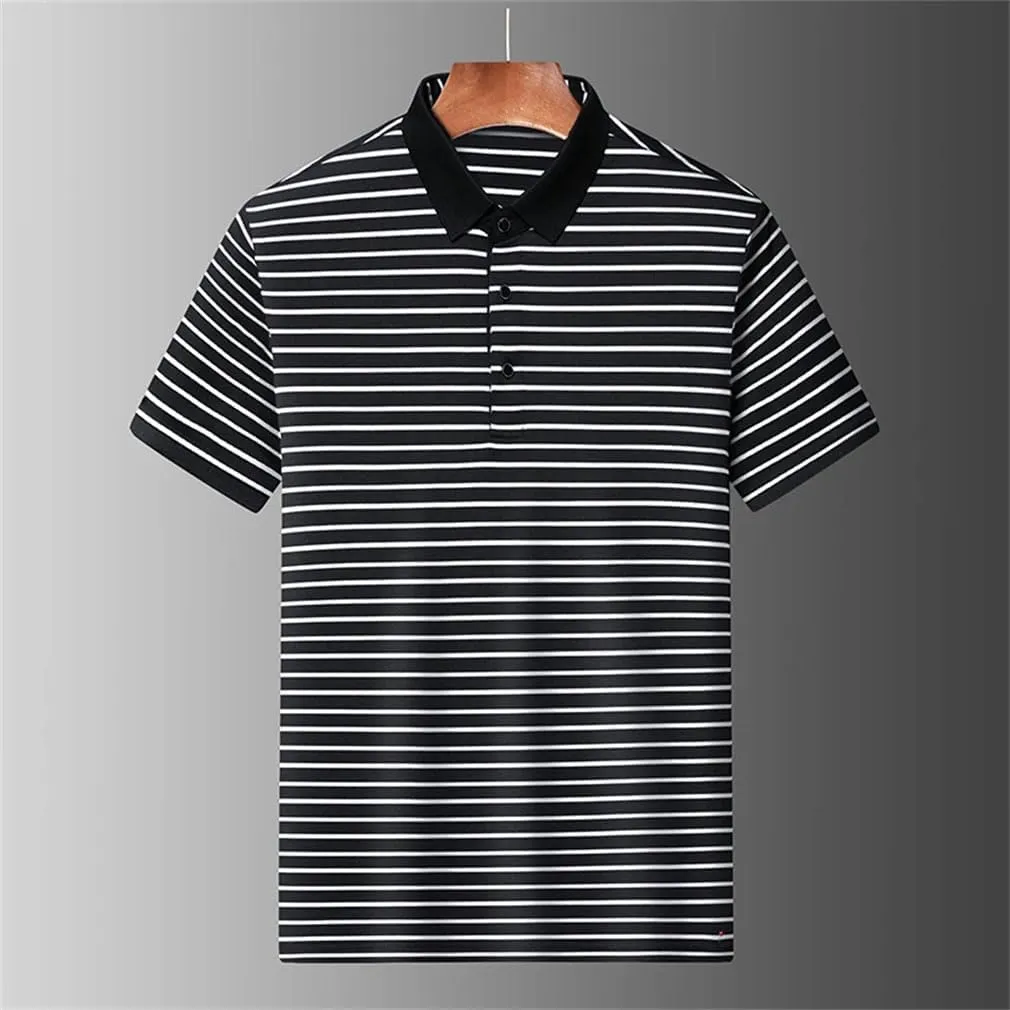 Men's Striped Cotton T-Shirt Business Casual Polo Shirt Short Sleeved Breathable Quick-Dry Tee Tops
