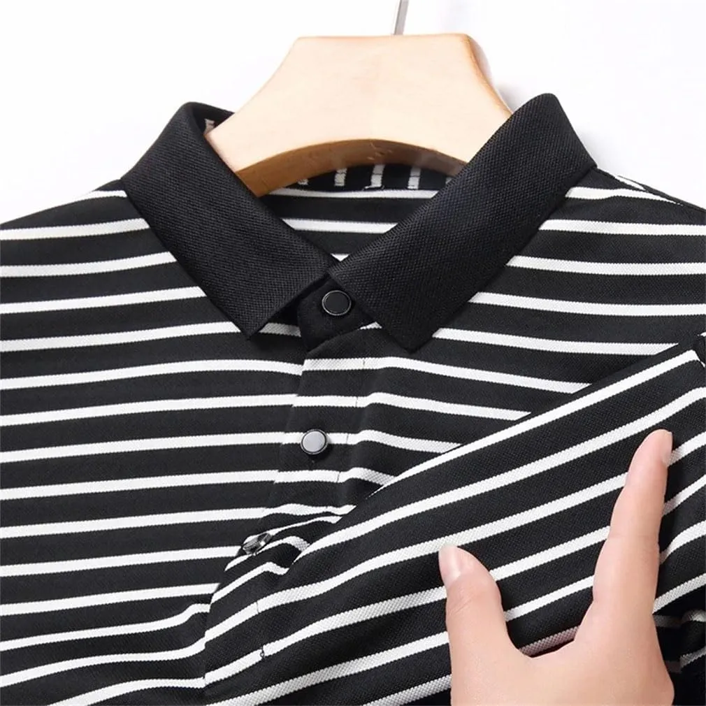 Men's Striped Cotton T-Shirt Business Casual Polo Shirt Short Sleeved Breathable Quick-Dry Tee Tops