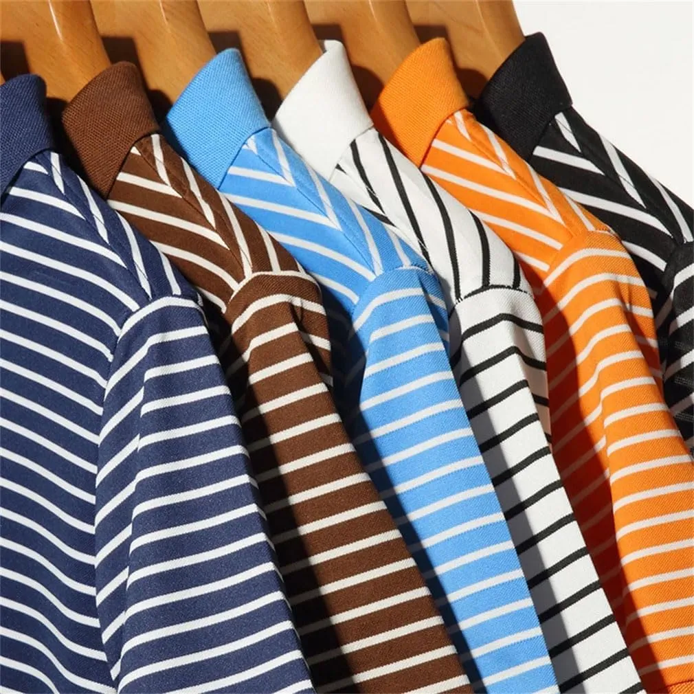 Men's Striped Cotton T-Shirt Business Casual Polo Shirt Short Sleeved Breathable Quick-Dry Tee Tops